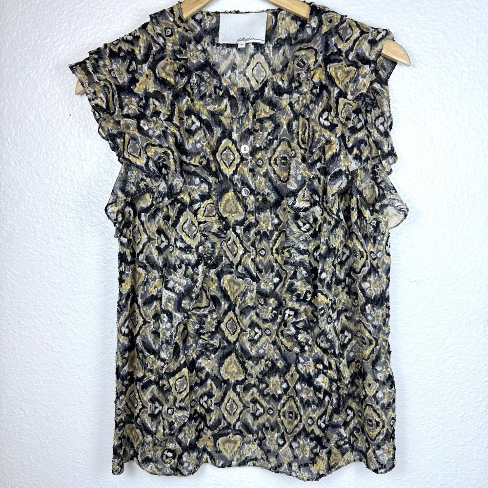 3.1 Phillip Lim Silk Blend Blouse Womens 6 Black Yellow Ruffle Sleeve Popover